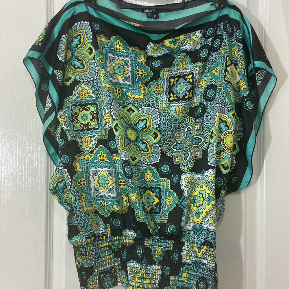 Takara Vibrant Green and Black Patterned Women’s Top